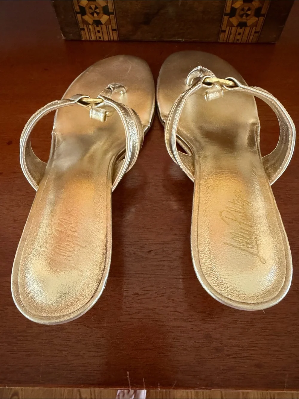 Lilly Pulitzer McKim Gold Nappa Leather Wedge Sandals Size 8.5